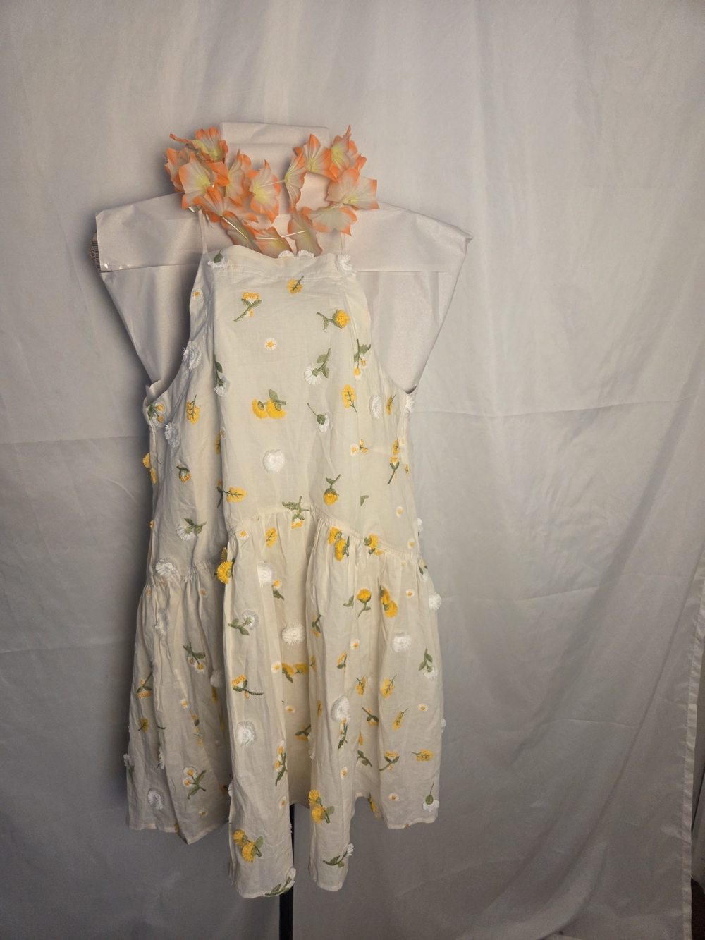 Cream Sundress with Yellow Floral Embroidery Womens